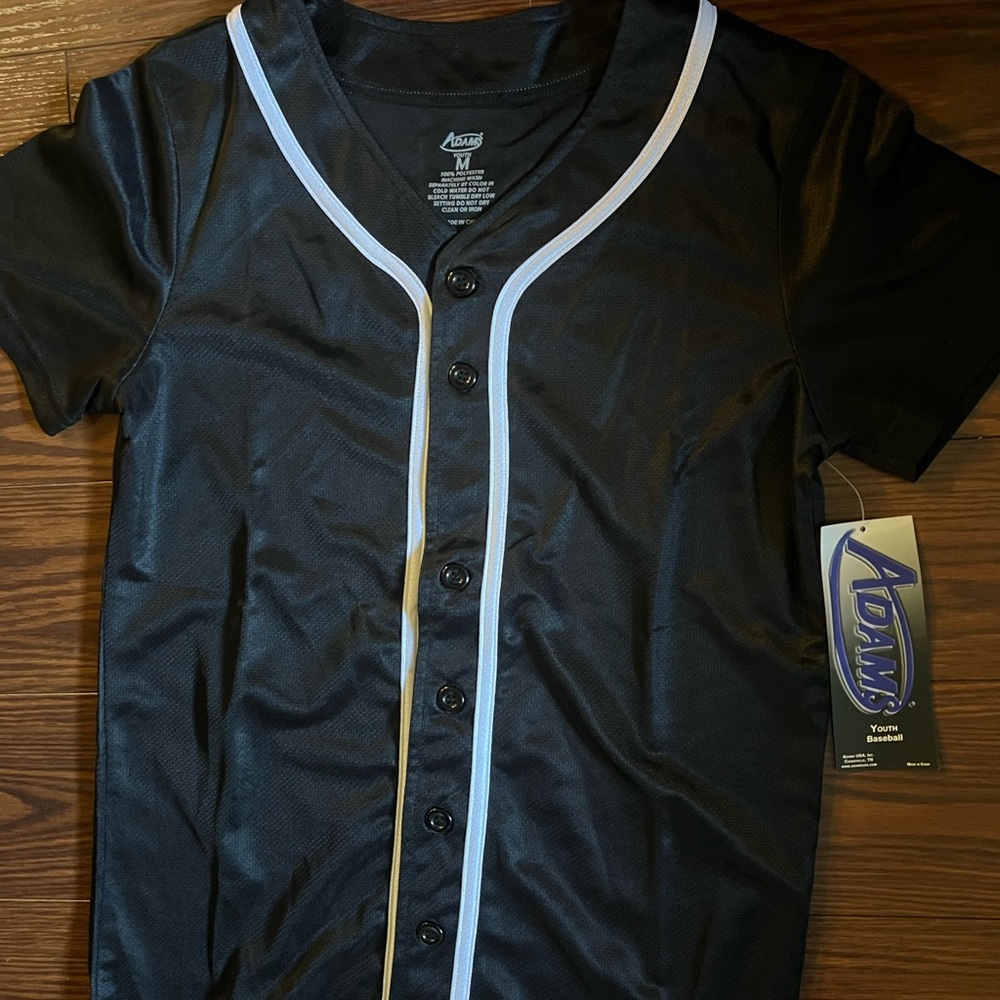 Youth black white button down baseball jersey